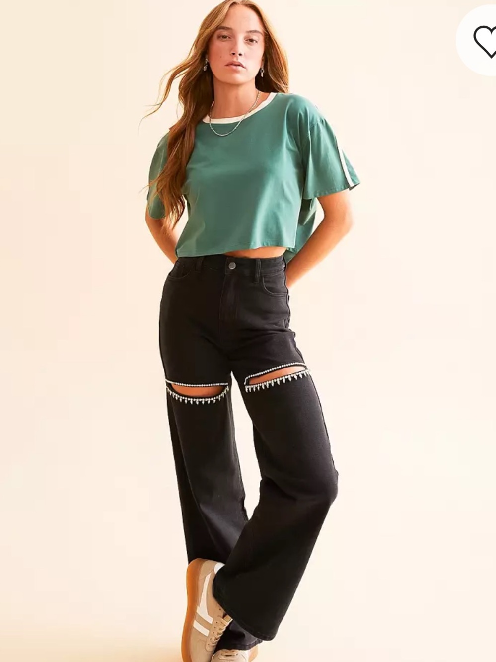 Black High-Waist Wide Leg Jeans with Embellished Knee Cutouts